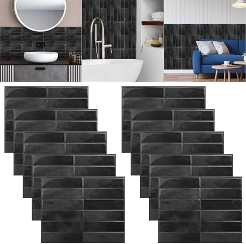 Selbstklebende Fliesenaufkleber, 3D Klebefliesen Küche Bad, Wandfliesen Selbstklebend Fliesen Folie, 10 Stück 29cmx23cm Abziehen Aufkleben Fliesensticker Küchenrückwand Aufkleber (Schwarz)