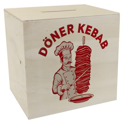 speecheese Spardose aus Holz Döner Kebab Logo mit Koch und Schnurrbart | Rot-Weiß mit Fleischspieß-Dekor Die perfekte Dönerkasse für Ihren Dönerladen witziges Design