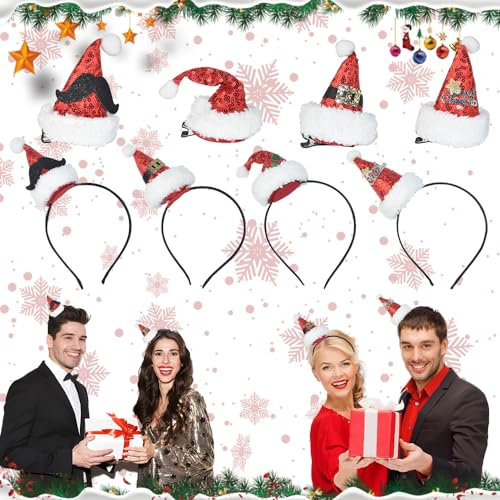 NAROSEBE 8 Stücke Weihnachtsmütze Haarspange Weihnachten Stirnband Mini Weihnachtsmütze Haarband Weihnachts Haarreifen Glitzer Weihnachtsmütze Haarklammern SantaKopfschmuck für Weihnachten Kostüm
