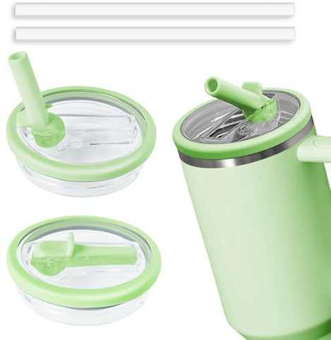 2pcs Leakproof Lid with Straw for Stanley Replacement,No-Spill Cup Lids for Stanley Quencher Accessories,Tumbler Flip Straw Lids (Green, 40oz)
