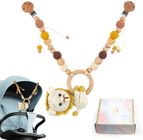 JWTRSVTY Kinderwagenkette aus Holz und Häkeln - Cartoon Tiere mit Geschenkverpackung, Weihnachten Geschenk zur Geburt für Babys Ab 0+ Monaten (Löwen)