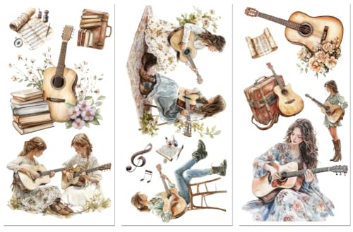 Peacoblue UV DTF Rub-On Transferfolie Möbel-Sticker mit Gitarre Muster 15x30cm, 3 Stk. Wasserfeste Deko-Transferaufkleber für Möbel Gläser Porzellan Wäscheschränke Kommoden Holz Kunststoff