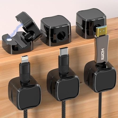 Cable Holder, Cable Clips, Cable Management, 6 Pack Adjustable Organiser, Magnetic Cable, Strong Adhesive Cable Holder, Wire Charger Holder for Bedside, Kitchen Appliances, Black