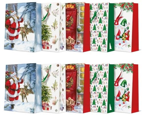 PAW - Weihnachtstüten 30 x 41 x 12 cm - 10 Stück | Mix aus 5 Designs | Sehr große Geschenktaschen mit Stoffhenkel | Weihnachtsgeschenktüten | Elegante Weihnachtstaschen für Geschenke | Geschenktüten