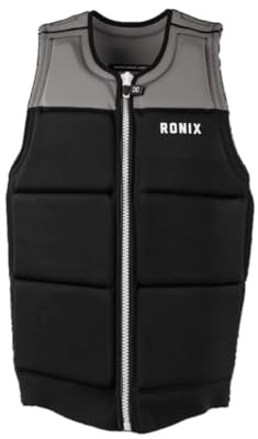 RONIX Men's Presidente Impact Vest | Durable Lightweight Water-Resistant 4-Way Stretch CE-Approved Wakesurf & Wakeboard Riding PFD Life Jacket with Chest & Back Flex Foam, Black/Gray, Large