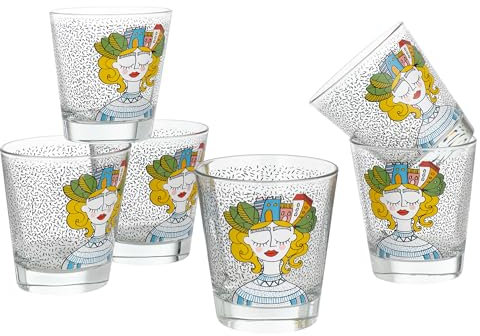 Baroni Home Lot de 6 Verres à Eau avec Décoration Colorée Imprimée, Gobelets en Verre Coloré Fabriqués en Italie, Verres Lavables au Lave-Vaisselle, 25 cl, Lady City