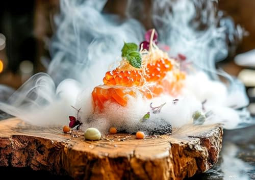 CALVENDO Poster 84,1 x 59,4 cm Querformat Molekulare Küche, Lachsfilet mit Grapefruit - Kaviar in einem Bett aus Salzluftschaum| Bilder, Kunstdruck, Wandbild, Wanddeko, Prints ohne Rahmen