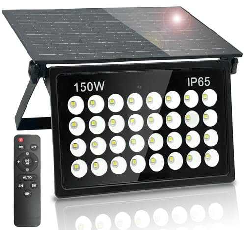 BOSITE 150W Faretto LED da Esterno Solare, Luci Solari da Esterno con Telecomando, 6500K Lampada Solare da Esterno, IP65 Impermeabile Faretti Solari per Giardino Patio Garage Parete