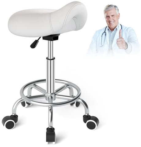 Tabouret Selle de Cheval pour Anti-mal de Dos, Tabouret Ergonomique à Roulettes, Tabouret Esthetique Réglable en Hauteur de 46 à 59cm, Tabouret Roulettes avec Coussins Rembourrés pour Dentiste, Blanc