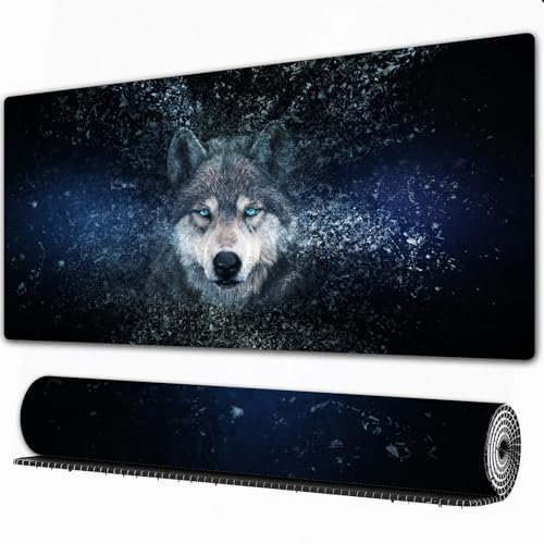 FEHWI Grand Tapis de Souris de Jeu avec Bords surpiqués et Dos antidérapant,sous-Main pour Clavier et Souris,Fond d'écran Loup avec Effet de désition,80×30 cm