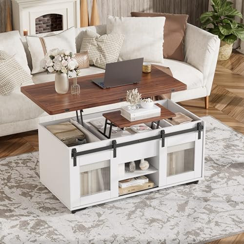 Couchtisch Höhenverstellbar mit Steckdose, Couchtisch Umwandelbar in Wohnzimmer-Esstisch, 3 in 1 Multifunktions Wohnzimmertisch mit Versteckter Aufbewahrung & offenes Fach, Leicht Heben und Schließen