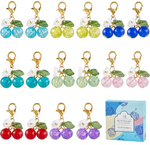 SUNNYCLUE 1 Box 32 Stück Süße Charm Maschenmarkierer Häkelmarkierer Charms Glasweben Kirschfrüchte Lebensmittel Stricken Reißverschluss Nähen Verriegelung Mit Goldenem Karabinerverschluss Für Strickwe