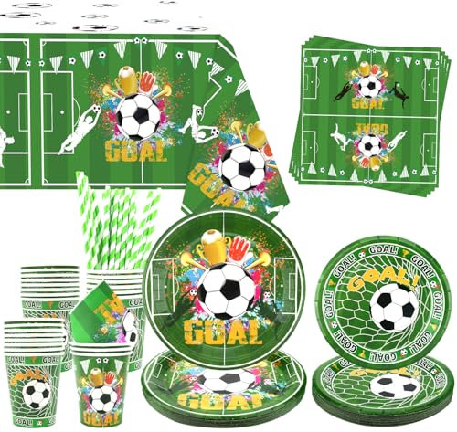 Obussgar Football Party Decorations - Fußball-Partygeschirr inklusive Teller, Tassen, Servietten, Tischdecken, Strohhalme - für 20 Personen (Fußball)