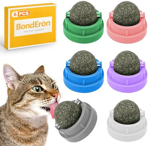 BondEron Set med 6 kattmyntskulor med väggfäste, roterande kattleksak, interaktiva bollar för arbete och avkoppling