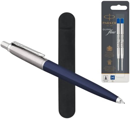 Parker Jotter Kugelschreiber Marineblau mit Mine & Samtbeutel | Geschenkset | Mittlere Spitze | Originalblister | Zusätzlich 2 nachfüllbare QuinkFlow Tinten