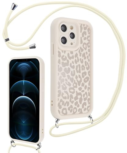 Xylota Handyband für iPhone 12 Pro Max Hülle mit Band, Silikon Aesthetic Leopard Muster Design Handyhülle mit Kette Kordel Schlüsselband, Schutzhülle für iPhone 12 Pro Max 6,7'' zum Umhängen, Weiß