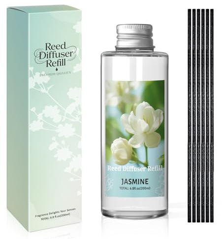 SCENTORINI Jasmine Reed Diffuser Refill Oil 200ml with 6 Reed Sticks – Fresh Aroma Refill for Reed Diffusers – Sophisticated Scent for Study, Lounge, Meditation & Daily Ambience