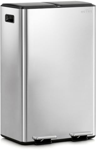 mVm Cubo de Basura para la Cocina, 2 Compartimentos 2 x 30L Cubo de Basura Cocina, Papelera Moderna y Robusta, Cierre Suave, para Cocina, Salón, Plata