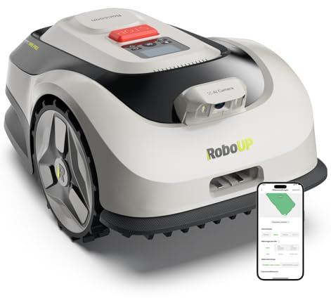 RoboUP Raccoon 2 SE Mähroboter Ohne Begrenzungskabel, Ohne RTK, Max. 600㎡, 5Ah-Schnellladung Batterie, App-Smarte Mehrzonensteuerung, 3-8cm Schnitthöhe, KI Gesteuerter Mähroboter, 20° Steigung