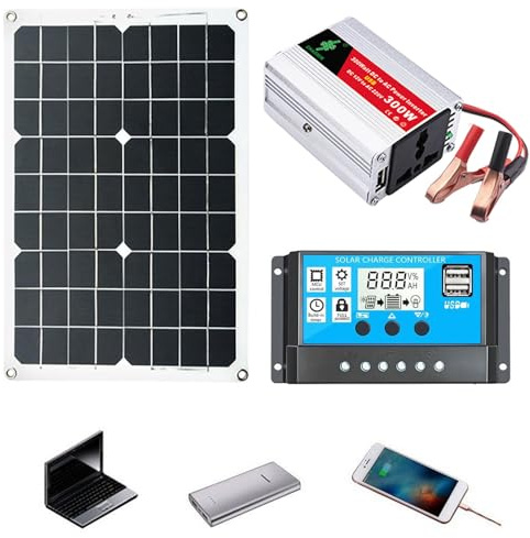 Kit de panel solar - Generador solar de 300 W con salidas de CA de 220 V - para RV fuera de la red con batería e inversor, controlador de carga de 30 A, inversor.