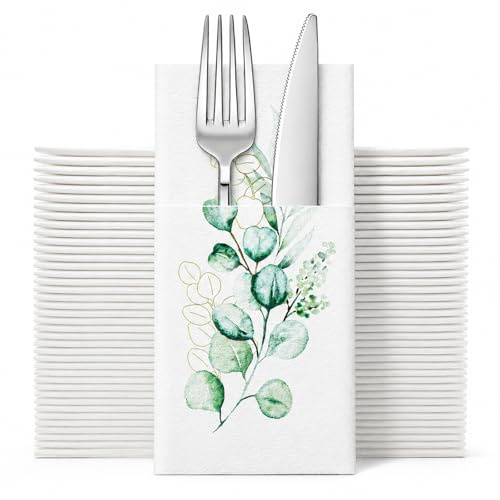 50 Stück Besteckservietten Servietten Hochzeit mit Eukalyptus für Tischdek | Stoffähnliche Servietten, Fertig Gefaltete Bestecktasche, Schnellen Eindecken, Reißfest, 40x40 cm Servietten Weiß