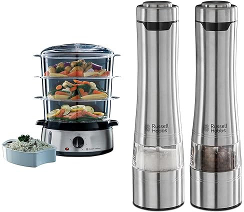 Bundle Set: Russell Hobbs Dampfgarer [normale Größe] 9,0l 19270-56 + Salz und Pfeffer Mühle elektrisch [2er Set] Edelstahl 23460-56