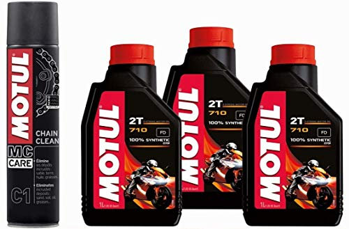 Motul 710 2T - Aceite para motor de moto de 2 tiempos, 3 litros + regalo MC Care C1 Chain Clean