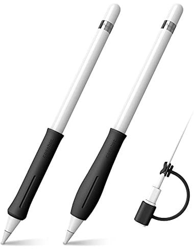 Fintie 2 Stück Silikon Griff Kompatibel mit Apple Pencil Pro/USB-C & Apple Pencil 1./ 2. Generation mit 1 Stück Kabel Adapter Tether, Schützende ergonomische Stiftehalter, Schwarz