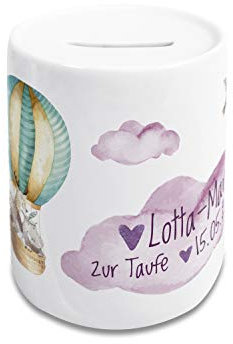 GRAZDesign Spardose Taufe für Mädchen | personalisiert mit Namen/Datum, Taufgeschenk, personalisiertes Geschenk für Patenkind, Kinder, Heißluftballon und Wolken, Keramik