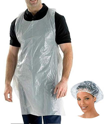 Disposable Aprons x200 GENERISE Disposable Plastic Aprons - White PLUS x5 Clear Disposable Protective Hair Covers