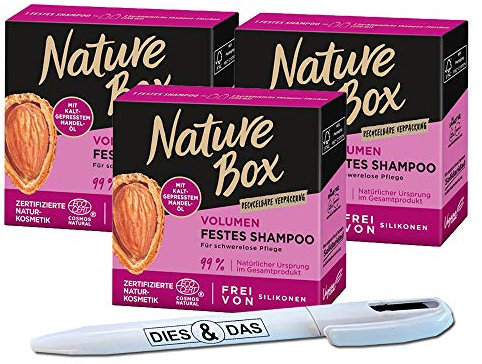 3x Nature Box Festes Shampoo mit Mandel-Öl 85g + DIES&DAS Kugelschreiber im Wert von 2,90