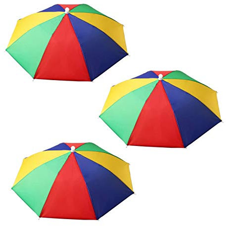 XLKJ 3 Pcs Sombrero Paraguas Plegable, Sombrero para Sombrilla, Paraguas Cabeza Color Arcoiris para el Sol y la Lluvia, Sombrilla para Pesca Playa Sombrilla Parasol de Cabeza