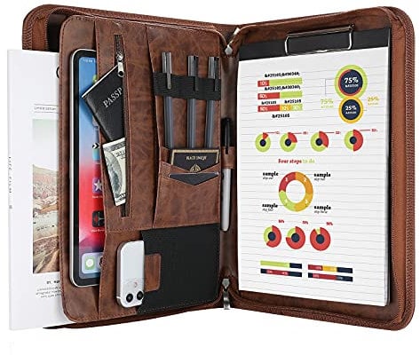 ProCase A4 Schreibmappe PU Kunstleder Konferenzmappe Portfolio mit Reißverschluss Klemmbrett Notizblock Business Dokumentenmappe, leichtes, langlebiges Material- Braun