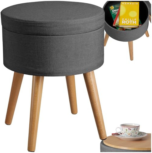 TecTake® Storage Stool with Hidden Compartment, Upholstered Storage Ottoman in Linen Look with Reversible Lid & Beech Legs, 300 kg Load Capacity, Multi-Purpose Footstool & Side Table - Dark Grey