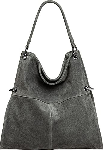 Caspar Große Vintage Leder Schultertasche Damen Handtasche aus weichem Wildleder - PREMIUM LINE - Modell No.805 - Made in Italy, Farbe:dunkelgrau, Größe:One Size