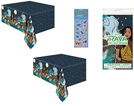 Unique Raya und der letzte Drache Geburtstagsparty-Zubehör, Dekorationspaket enthält 2 Kunststoff-Tischdecken und 1 Dinosaurier-Aufkleberbogen