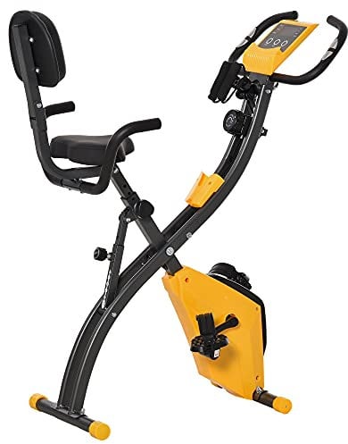 HOMCOM Vélo d'appartement pliable, vélo d'exercice, home traîner pour adultes, 8 niveaux de résistance magnétique, capteurs pouls main, écran LCD multifonction, selle réglable, acier, jaune, noir