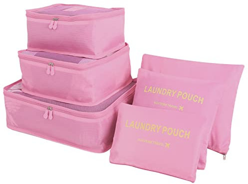 Teynewer 6PCS Travel Organiser Packing Bags Packing Cubes Set Durable Luggage Organisers Suitcase Storage Bags Compression Pouches for Travel Accessories, Pink