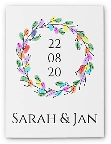 CHRISCK design - Leinwand Gästebuch Hochzeit - Fingerabdruck Blumenkranz - Hochzeitsidee mit Fingerprints - Hochwertiger UV Druck - Wandmontage - für Wohnzimmer, Schlafzimmer, Küche