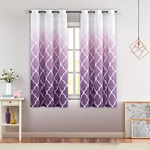 Beauoop Weiß Lila Voile Vorhänge Farbverlauf Leinenoptik Vorhänge Halbtransparente Gardinen mit Ösen Wohnzimmer Schlafzimmer Kinderzimmer 2er Set, 107×175 cm (HxB)