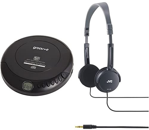 Groov-e GVPS110BK Retro Personal CD Player with 20 Track Programmable Memory, LCD Display, Anti-Skip Protection and Earphones Included - Black & JVC Lightweight Headphones - Black