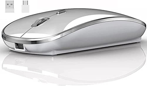 Ratón inalámbrico para laptop, mouse inalámbrico de 2.4 GHz con receptor dual USB/USB-C para computadora, mouse portátil recargable compatible con Apple MacBook Air/Pro, iPad, tableta, PC (plateado)
