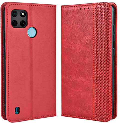 MOJIA Hülle Flip Case für Realme C21Y (C21-Y) / Realme C25Y, PU Dünne Magnetische Klapphülle Handyhülle Schutzhülle mit Kartenfach und Standfunktion. Rot