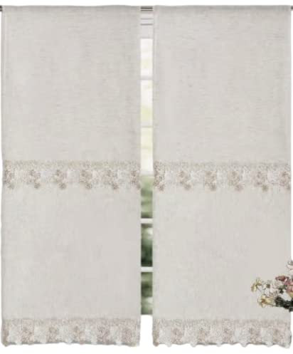 HaraDeco 2 Piezas Cortinas Cocina 60x150cm, Liso clásico, Visillo Combinado Crochet Flores Decorativo, Cortina Tela Elegante para Ventana(60x150cm, Flor Blanca)