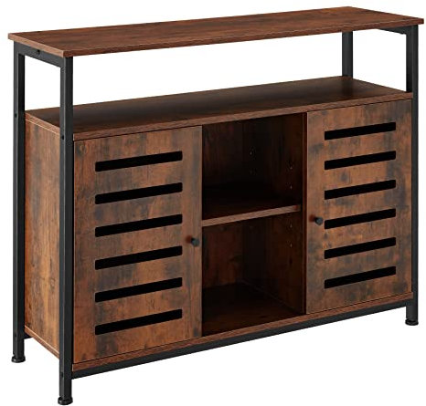 tectake Sideboard mit 2 Türen und offenen Regalfächern, 100 x 37 x 82 cm, Holz Küchenschrank, Industrie-Design, Beistellschrank mit Ablage, schwarzes Metallgestell (Industrial Dunkelbraun)