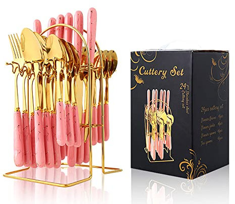 KANBUN Ensemble de couverts rose, 48 pièces en acier inoxydable pour 12, ensemble de couverts avec cuillère, couteau et fourchette, idéal pour la maison/fête/restaurant, poignée marbrée, passe au