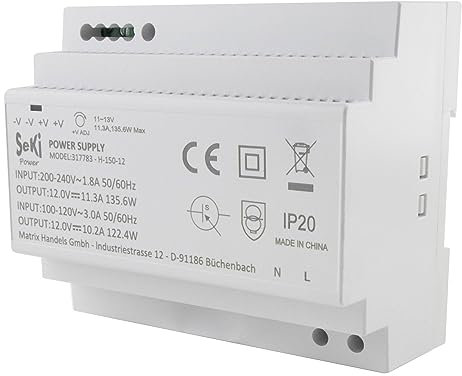 SeKi Bloc d'alimentation pour rail DIN H-150-12 - 12 V - 11,3 A - 135 W - Rail DIN - Bloc d'alimentation/transformateur