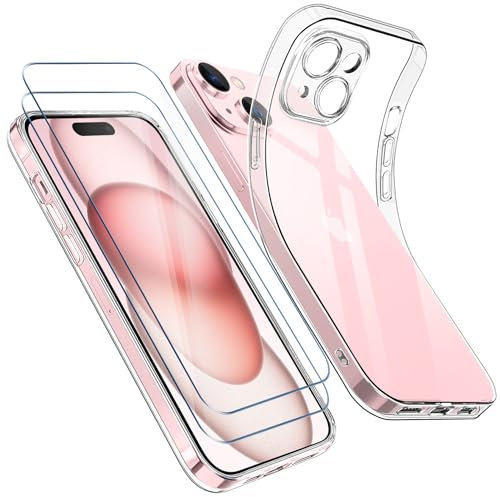 Qasyfanc Kameraschutzhülle Kompatibel mit iPhone 15 Plus Hülle Transparent mit 2 Stück Schutzfolie, Handyhülle iPhone 15 Plus Dünne Weiche Silikon Anti-Gelb Schutzhülle, Durchsichtig