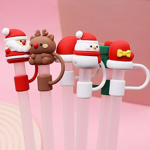 runrayay 6pcs Christmas Straw Tip Covers, Dust-Proof Straw Cap Toppers, Reusable Silicone Soft Protector Cover