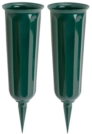 Bayli 2er Set - Grabvase aus Kunststoff mit Erdspieß | Friedhofsvase in Grün | Grabsteckvase | frostsicher Steckvase für Grab | wetterfeste Blumenvase für Friedhof | witterungsbeständiger Grabschmuck